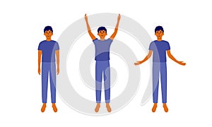 Relax morning workout, inhale exhale vector illustration with young man raising hands up, taking deep breath, down exhales