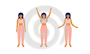 Relax morning workout, inhale exhale vector illustration with young woman raising hands up, taking deep breath, down exhales