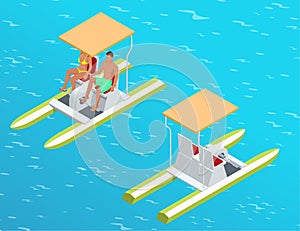 Relax on the paddle boat. Couple on pedalo also called pedal boat on a lake. summer time concept. Flat 3d isometric