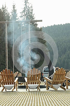 Relax place near bonfire in mountain resort
