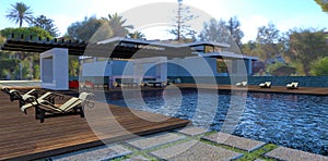 Relax by the pool on the cozy patio. Bar counter and sun loungers. Modern house and tropical landscape in the background. 3d