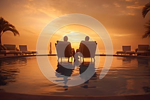 relax pool swimming romantic travel couple back sunset vacation honeymoon. Generative AI.