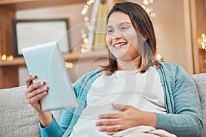 Relax, pregnancy and woman on sofa with tablet in living room at home reading email or ebook. Internet, video call or