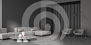 Relax room interior with couch and chairs, curtains and mockup
