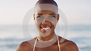 Relax, smile and face of a black woman at the beach, freedom and calm on holiday in Bali. Summer wellness, travel peace