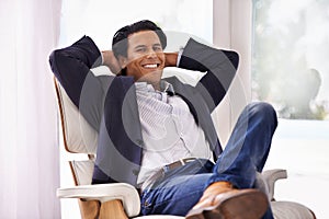 Relax, stretching and businessman portrait on chair smile, relieved or work success satisfaction at home. Happy, face