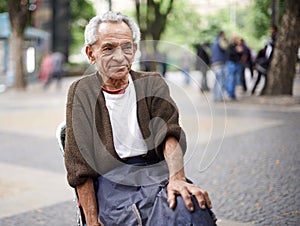 Relax, thinking or old man in a chair or city for peace in retirement, neighborhood or Sao Paulo. Outdoor, resting and