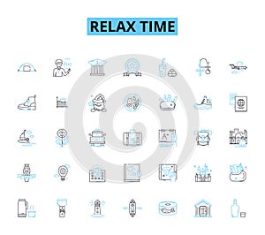 Relax time linear icons set. Serenity, Tranquility, Calmness, Bliss, Peacefulness, Repose, Chillaxing line vector and