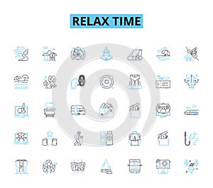 Relax time linear icons set. Serenity, Tranquility, Calmness, Bliss, Peacefulness, Repose, Chillaxing line vector and