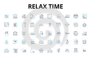 Relax time linear icons set. Serenity, Tranquility, Calmness, Bliss, Peacefulness, Repose, Chillaxing vector symbols and