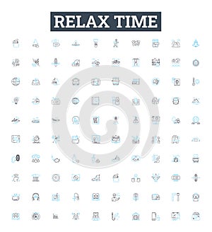 Relax time vector line icons set. Unwind, Recharge, Soothe, Repose, Recline, Tranquilize, Unburden illustration outline