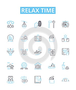 Relax time vector line icons set. Unwind, Recharge, Soothe, Repose, Recline, Tranquilize, Unburden illustration outline