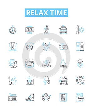 Relax time vector line icons set. Unwind, Recharge, Soothe, Repose, Recline, Tranquilize, Unburden illustration outline