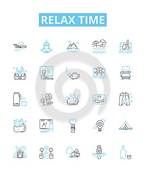 Relax time vector line icons set. Unwind, Recharge, Soothe, Repose, Recline, Tranquilize, Unburden illustration outline