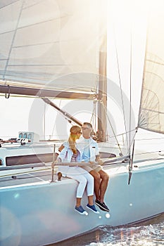 Relax, travel and luxury with couple on yacht for summer, love and sunset on Rome vacation trip. Adventure, journey and