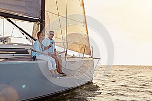 Relax, travel and luxury with couple on yacht for summer, love and sunset on Rome vacation trip. Adventure, journey and