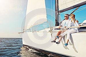 Relax, travel and luxury with couple on yacht for summer, love and sunset on Rome vacation trip. Adventure, journey and