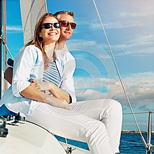 Relax, travel and luxury with couple on yacht for summer, love and sunset on Rome vacation trip. Adventure, journey and