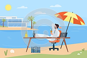Relax vacation time on beach of happy young businessman with feet up on office desk