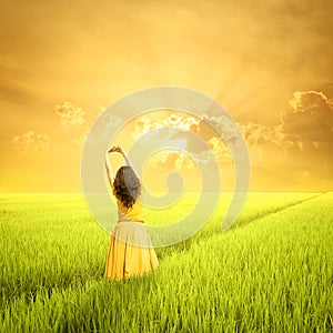 Relax Woman in green rice fields and sunset in the morning