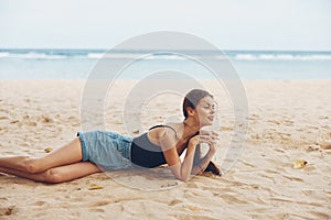 relax woman sand vacation smile sea beach freedom sitting travel nature