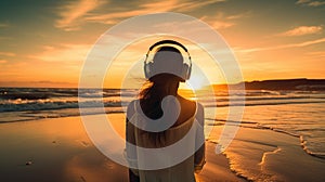 Relax woman wearing headphones walking in the sea beach at golden sunset