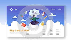 Relax at Work, Coffee Break Landing Page Template. Business Woman Character Relaxing Meditating at Office Work Web Page