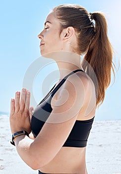 Relax, yoga and meditation, woman at beach, meditate and training in nature for healthy zen lifestyle. Mental health