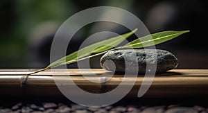 Relax zen stone on wooden terrace with bamboo leaves, japanese still life meditation treatment spa concept