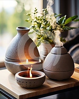 Relaxation corner with diffuser, candles, and stones for home meditation and aromatherapy