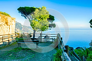 Relaxation place with bench and wonderful panorama, Ravello, Amalfi coast, Italy