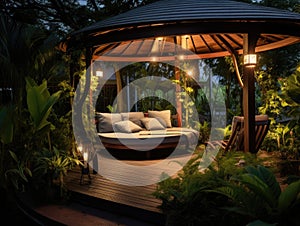 Relaxation redefined: hammock haven in a fern-filled gazebo