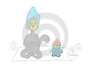 Relaxation in the spa and sauna. Vector illustration of cartoon cat and mouse sitting in lotus position in the spa salon