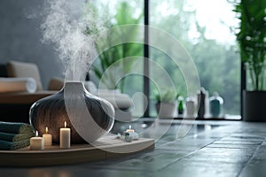 Relaxation space with steam diffuser and candles set in a modern spa interior