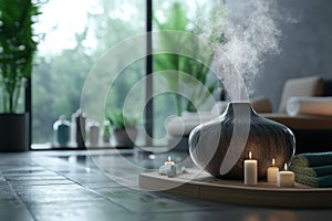 Relaxation space with steam diffuser and candles set in a modern spa interior