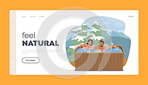 Relaxation, Wellness, Honeymoon Landing Page Template. Young Couple Sitting in Wooden Bath with Water Taking Sauna