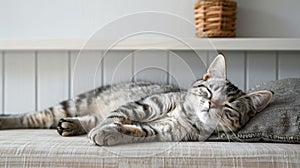 A relaxed American Shorthair cat calmly sleeps on a gray cloth sofa in a minimalist living room with white wallpaper, creating a