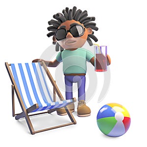 Relaxed black man with dreadlocks on holiday with deckchair and drink, 3d illustration