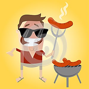 Relaxed cartoon man with sausage