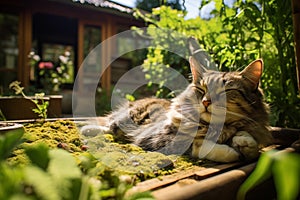 Relaxed cat lounging in a garden at noon. Generative AI