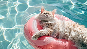 Relaxed cat sleeping on a pink pool float.