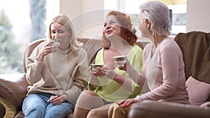 Relaxed Caucasian women gossiping drinking tea meeting on weekend at home indoors. Laughing joyful friends talking