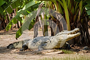 Relaxed crocodile lounges beneath the shade of a banana tree