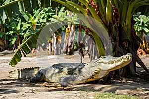 Relaxed crocodile lounges beneath the shade of a banana tree