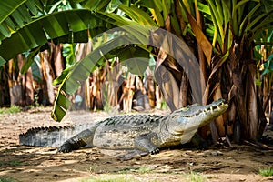 Relaxed crocodile lounges beneath the shade of a banana tree