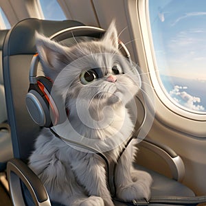 Relaxed cute cat wearing headphones looks out the airplane window.