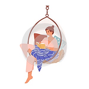 Relaxed domestic girl sitting in comfy hanging chair reading book vector flat illustration. Woman resting covered