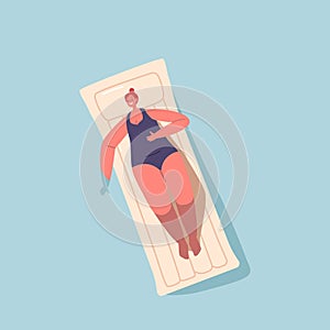 Relaxed Female Character Enjoying Summer Time Vacation Floating on Inflatable Air Mattress, Take Sun Bath