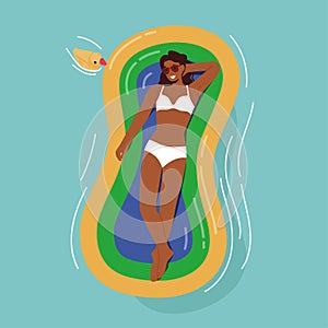 Relaxed Female Character Enjoying Summer Time Vacation Floating on Inflatable Air Mattress, Take Sun Bath and Tanning