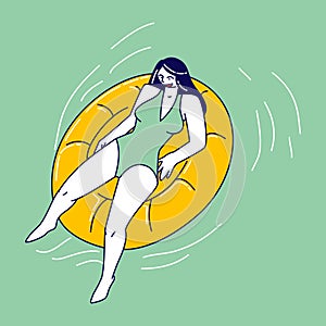 Relaxed Female Character Enjoying Summer Time Vacation Floating on Inflatable Mattress, Take Sun Bath